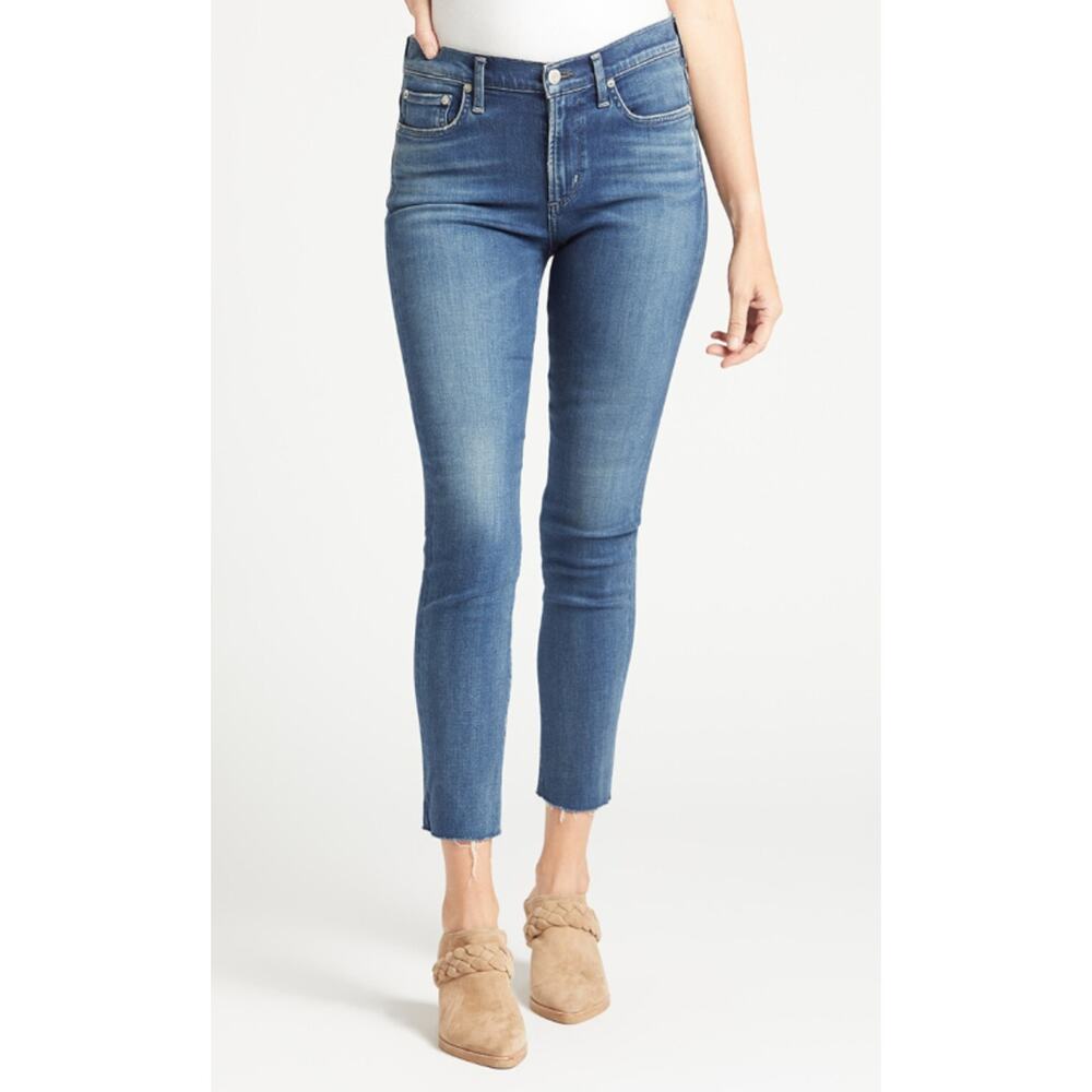 AGOLDE Jeans 24 Sophie Crop Womens Midrise Blue Denim Medium Wash Raw Hem Fray